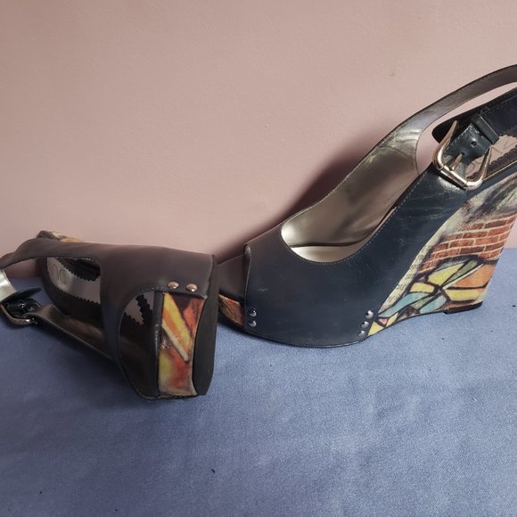 ZINC Dark Teal Blue Leather Peep Toe 5" Platform Wedge Heels Shoes 9.5M - Picture 5 of 5